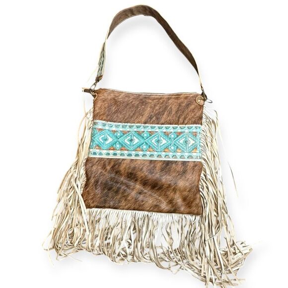 DANCING CACTUS DESIGNS Women’s Brown Cowhide Turquoise Tooled Leather Fringe Sho - Picture 1 of 7